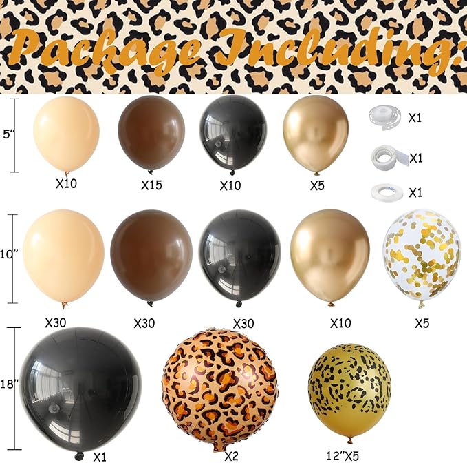Cheetah Print Balloons Arch Garland Kit 153PCS Black Dark Brown White Latex Balloons with Leopard Animal Foil Balloons for Cheetah Print Safari Themed Birthday Bachelorette Party Decoration