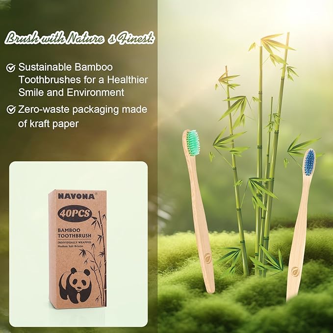 Navona 36 PCS Bamboo Toothbrushes, Kids Aged 7+ Toothbrush Pack, Eco-Friendly Natural Wooden Toothbrush Bulk, Individually Wrapped Bulk Toothbrushes，BPA Free Medium Soft Bristles