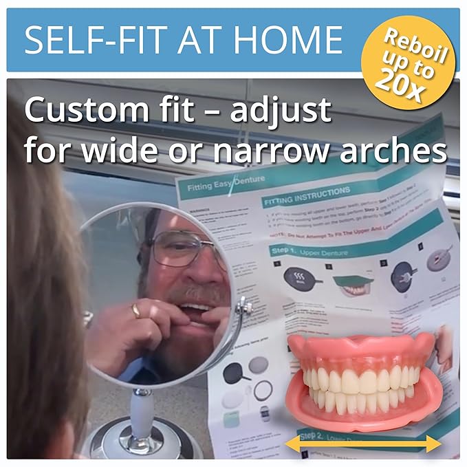 Boil-&-Bite Functional Denture, Self-fit at Home in Mins, Adjusts for Narrow or Wide Arches, Long-term or temporary Solution, Eat, Drink and Smile Confidently, Small/Medium Denture Set