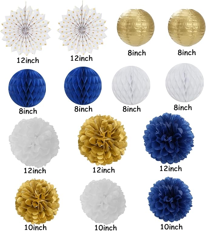 Navy-Blue White Gold Party Decorations - 14pcs Kits Paper Lanterns Fan,Tissue Flower Pom Poms Streamers,Honeycomb Balls,Graduation 2025 Men Birthday Wedding Baby Bridal Shower Decor Lasting Surprise