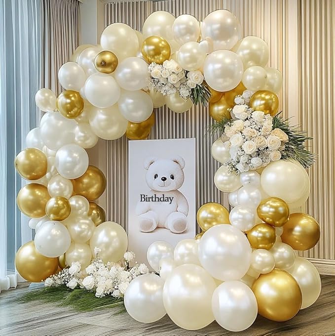 White and Gold Balloon Garland - Double Stuffed Pearl Sand White Gold Balloons Arch Kit 5 12 18 inch for Birthday Graduation Bar Mitzvah Bachelorette Wedding Baby Shower Party Decoration