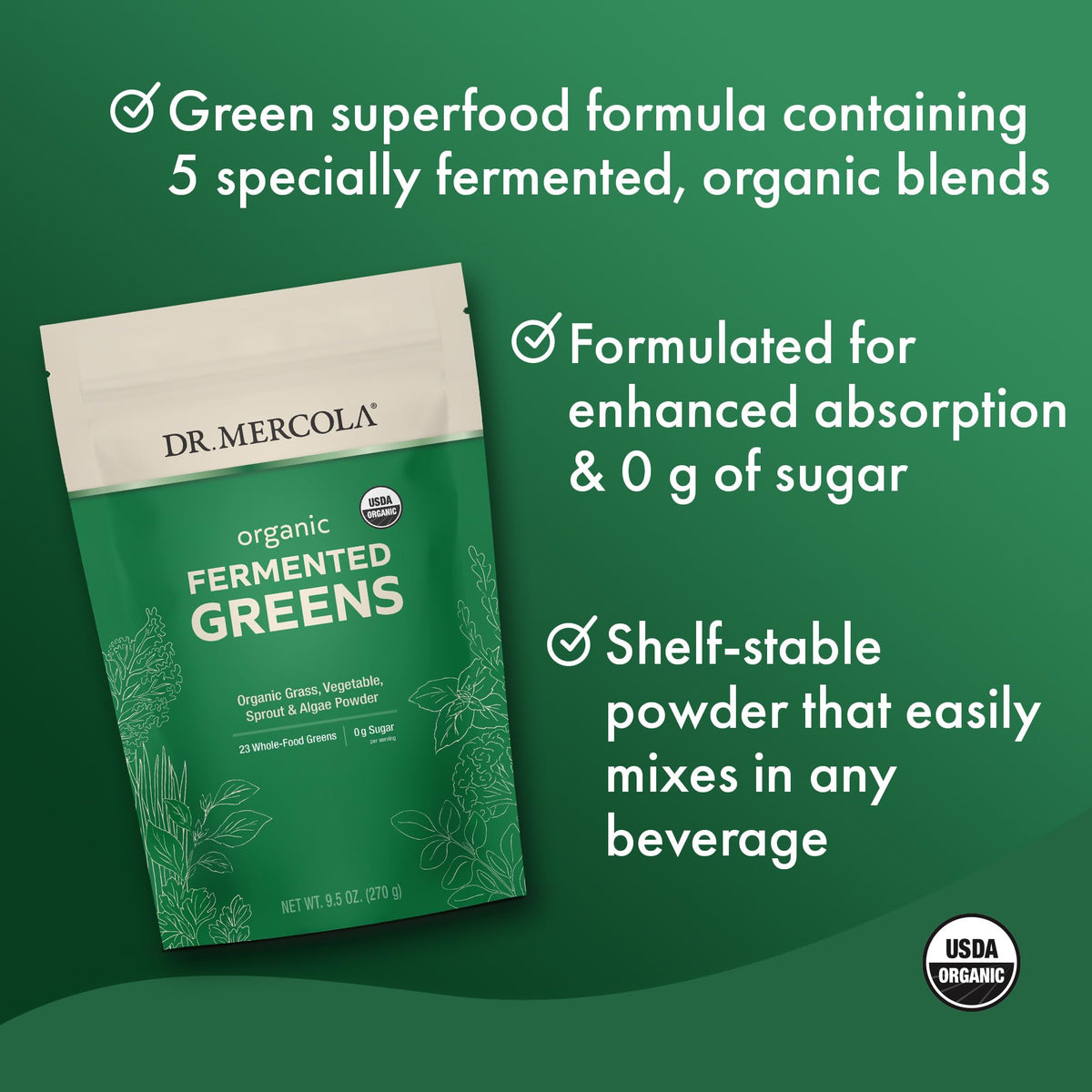 Dr. Mercola Organic Fermented Greens Powder - Supports Digestive & Cellular Health - Certified Organic, Non-GMO & Soy-Free - 9.5 oz (90 Servings)