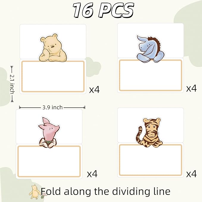 16PCS Winnie Food Labels Signs & Table Number Cards 3D Tent Cards Centerpieces for Tables Cute Pooh Baby Shower Decorations Birthday Party Favor Supplies