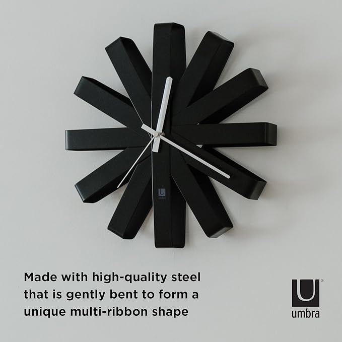 Umbra Ribbon Modern 12-inch Wall Clock, Battery Operated Quartz Movement, Silent Non Ticking Wall Clocks, Black