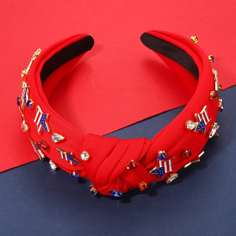 4th of July Headbands for Women, 4th of July Accessories, American Flag Patriotic Headbands, Rhinestone Pearl Knotted Hairbands Beads Embellished Jeweled Headband Holiday Gifts (Star B - Red)