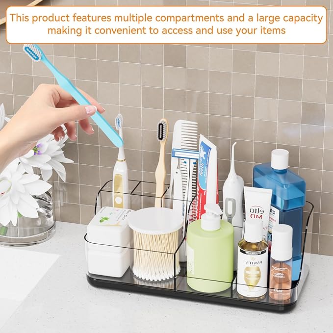 Yieach Mens Bathroom Organizer and Storage,Black Bathroom Sink Caddy Countertop,Large 7 Slot Vanity Bathroom Toiletry Organizers and Toothbrush Holders for Toothpaste,Electric Tooth Brush Organizer