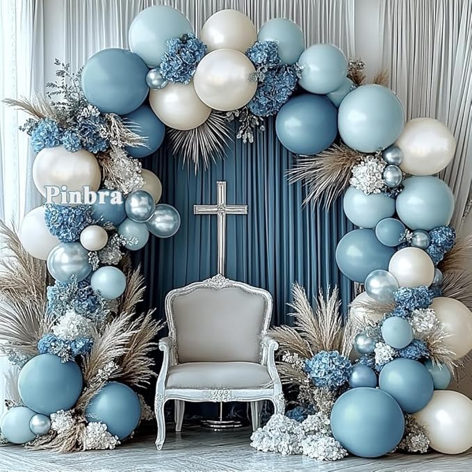 Dusty Blue Balloon Garland Double Stuffed Slate Pastel Blue White Sand Pearl Balloon Arch Kit for Baby Shower Birthday Bridal Wedding Graduation Easter Party Decorations