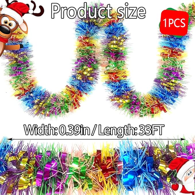 33Ft Long Tinsel Twist Garland Shiny Thick Metallic Foil Xmas Tree Decorations for Birthday Party Halloween Parade Floats Christmas New Year Parties and Other Holidays Hanging Decor Supplies-Colours