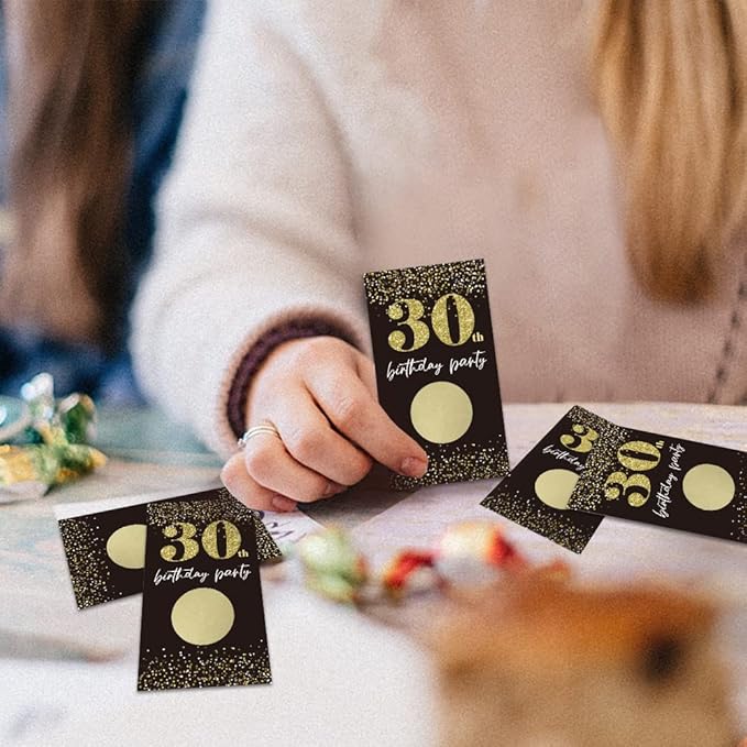 REWIDPARTY Black Gold 30th Birthday Party Scratch Off Game Cards (32 PCS) Cheers to 30 Years Prize Raffle Tickets Happy 30th Birthday Party Scratch Cards Supplies Activity for Family Friends Adults