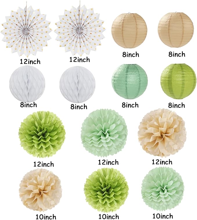 Olive-Sage Green-Boho Party-Decorations Streamers-Lanterns - 14pcs Baby Bridal Shower Wedding Paper Fan, Eucalyptus Wild Safari Jungle Birthday Tissue Pom Poms, Honeycomb Balls Decor Lasting Surprise