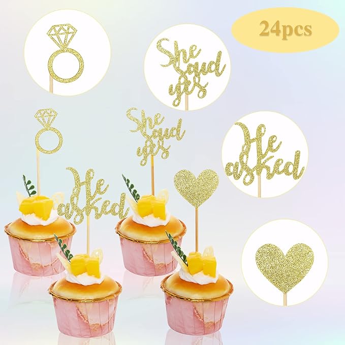 24 Pcs He Asked She Said Yes Cake Topper Gold Cupcake Toppers Heart Diamond Ring Cupcake Picks Glitter Cupcake Decorations for Wedding Engagement Bridal Shower Party Cake Decorations