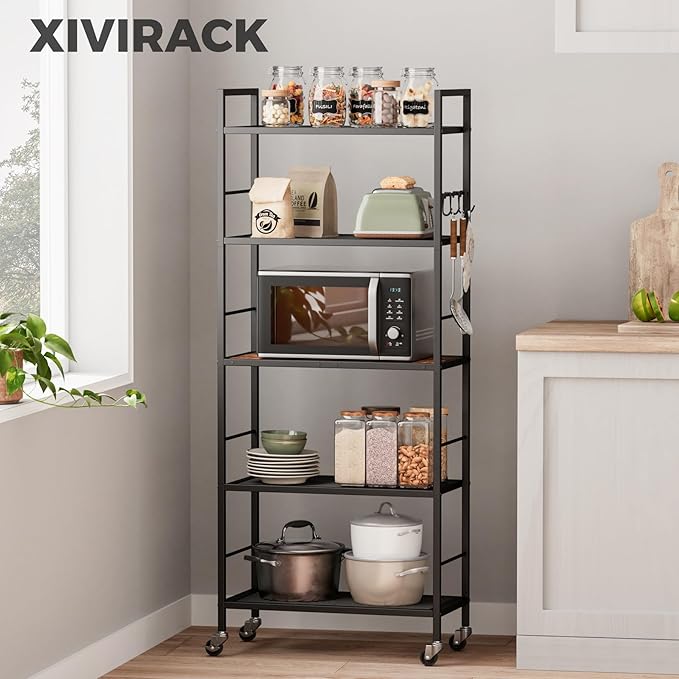 XIVIRACK 5-Tier Metal Storage Rack with Industrial Wheels,Mesh Shelving Unit with Wooden Table top,Adjustable Shelf,23.6-Inch Width,for Kitchen, Laundry,Pantry,Plant,Black