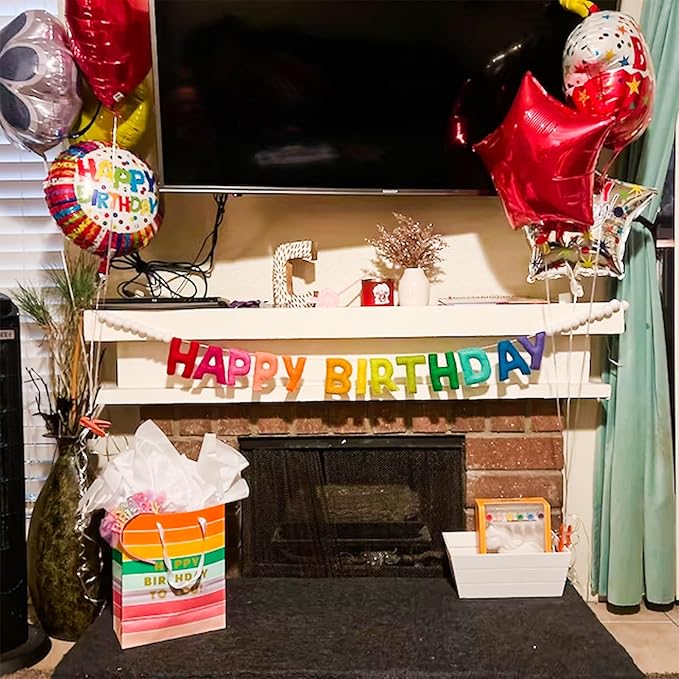 Pre-Strung Happy Birthday Banner - Felt Ball Garland - Happy Birthday Garland, Rainbow Party Decorations, Personalized Birthday Sign for Party Decor,Photo Prop (Birthday Banner Wearing White Balls)