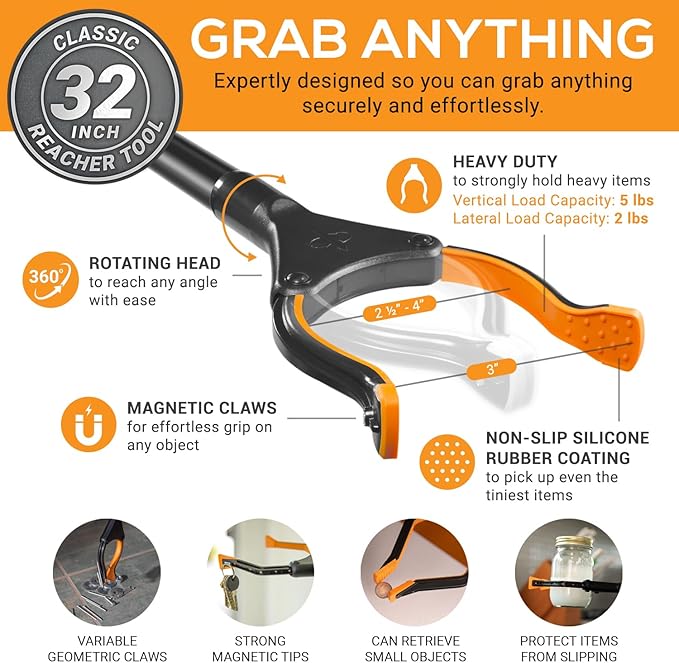 EZPIK Classic 32" Flexible Folding Grabber Tool for Elderly + Magnets, Reacher for Disabled & Seniors Heavy Duty Rotating Grippers for Reaching Underneath, Trash Grabbers & Pickers for Mobility