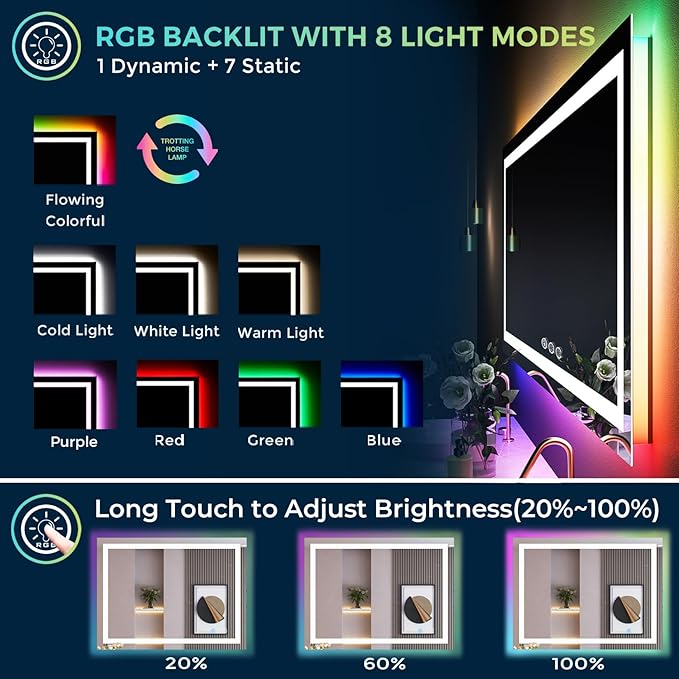 50x32 Inch RGB LED Bathroom Mirror Front Light and RGB Backlit Lighted Vanity Mirror for Bathroom Wall Mounted Dimmable Anti Fog Memory Shatter-Proof IP54 Waterproof Horizontal/Vertical