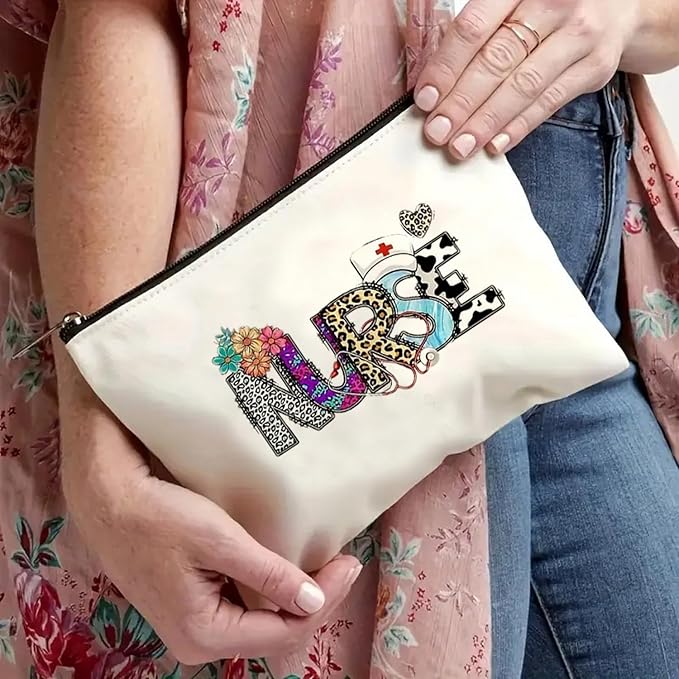 GRITOSE Nurse Makeup Bags Leopard Print Flowers deisgns Nurse Cosmetic Bag Work Toiletry Bag Accessories for Nurse Gifts Nursing Student Small Nurse Bag with Zipper