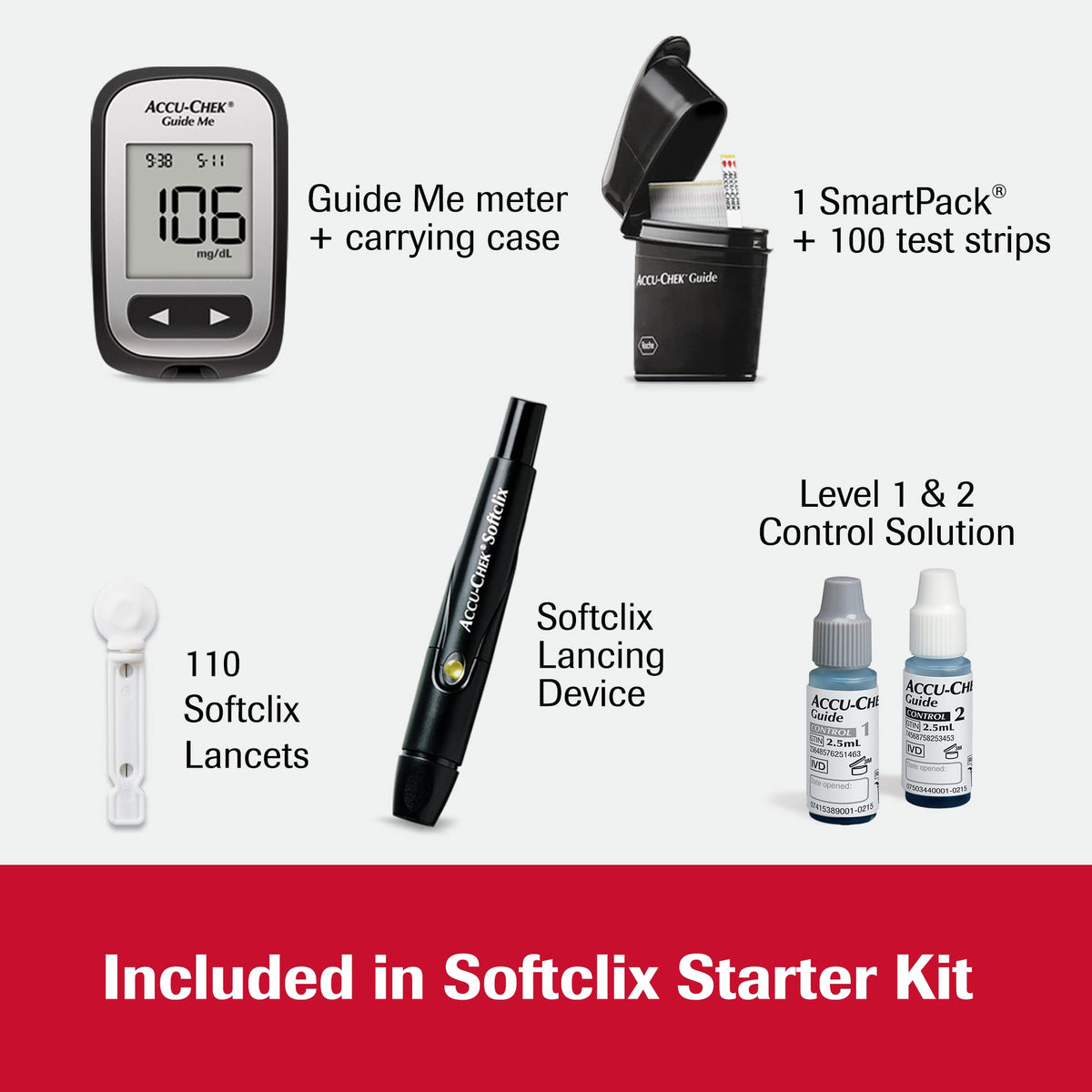 Accu-Chek Softclix Glucose Monitor Kit for Diabetic Blood Sugar Testing: Guide Me Meter, Softclix Lancing Device & 110 Lancets, 100 Guide Test Strips, and Control Solution (Packaging May Vary)