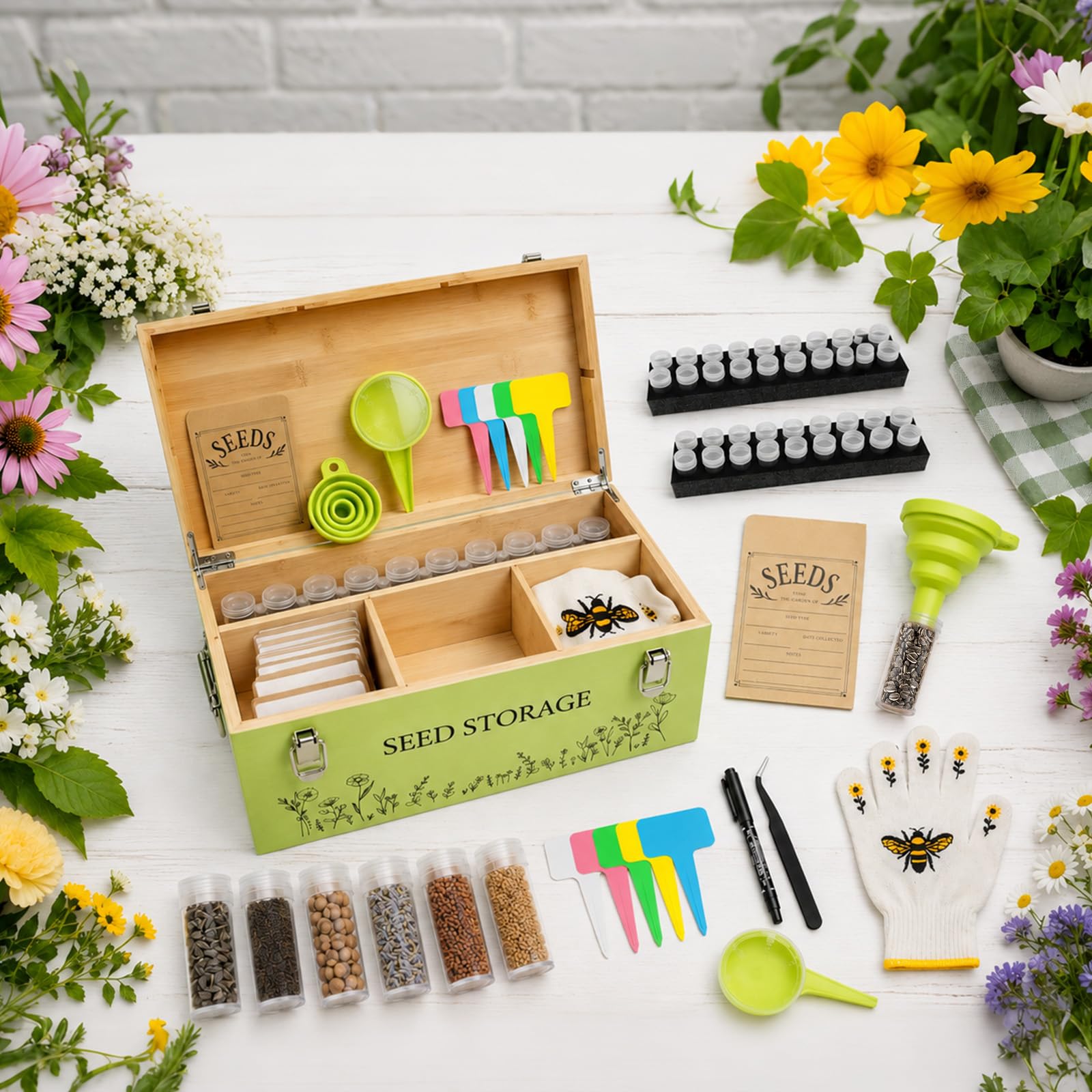 Fayoo Wooden Seed Storage Organizer Box with 40 Seed Vials & 20 Envelopes, Rustic Seed Saving Kit for Vegetable, Flower Seeds, Decorative Garden Seed Storage Container, Gardening Gifts for Women