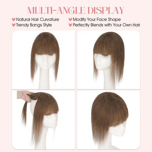 Hairro Mono Hair Toppers with Bangs, 3.4" x 3.4" Mono Base 100% Real Human Hairpieces for Women, 150% Density Clips In Topper for Greyish Thinning Hair, 14 Inch Medium Brown