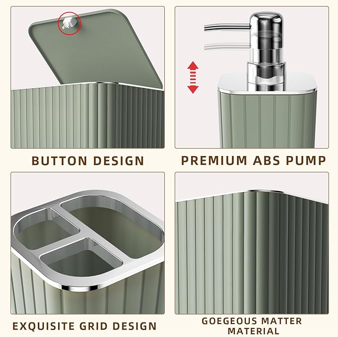 Bathroom Accessories Set - Gorgeous Sage Green Bathroom Set, 10PC Bathroom Accessory Set, Toilet Brush, Trash Can, Qtip Holder Dispenser & Soap Dispenser