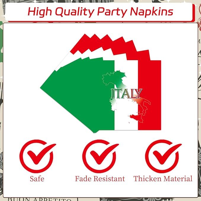 Rakuto Italian Party Tableware Set Supplies, Italian Flag Paper Plates and Napkins and Forks, Italian Party Decorations Red White and Green Italy Family Party Decor Serves 24