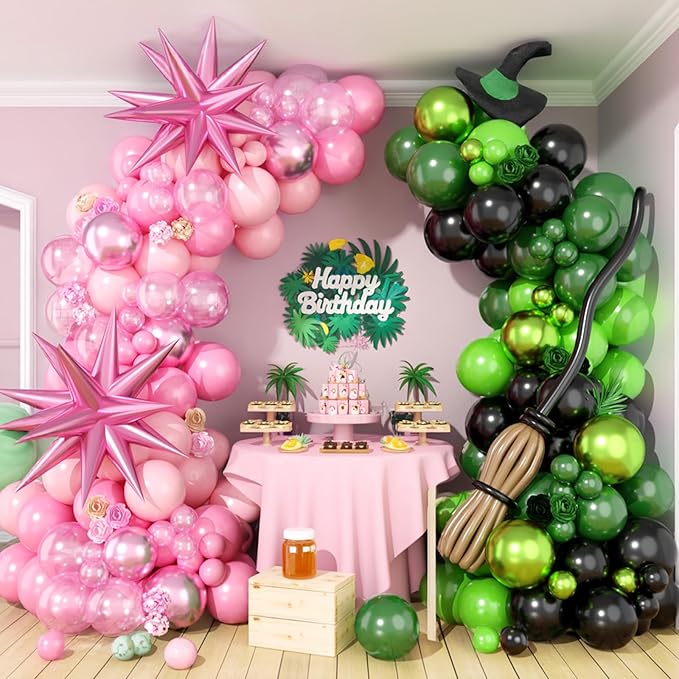 FunHot Pink Green Balloon Arch Garland Kit with Pearl Light Pink Dark Metallic Green Black Balloons Explosion Star Foil Balloon 260 Long Balloons for Baby Shower Witch Theme Birthday Party Decoration