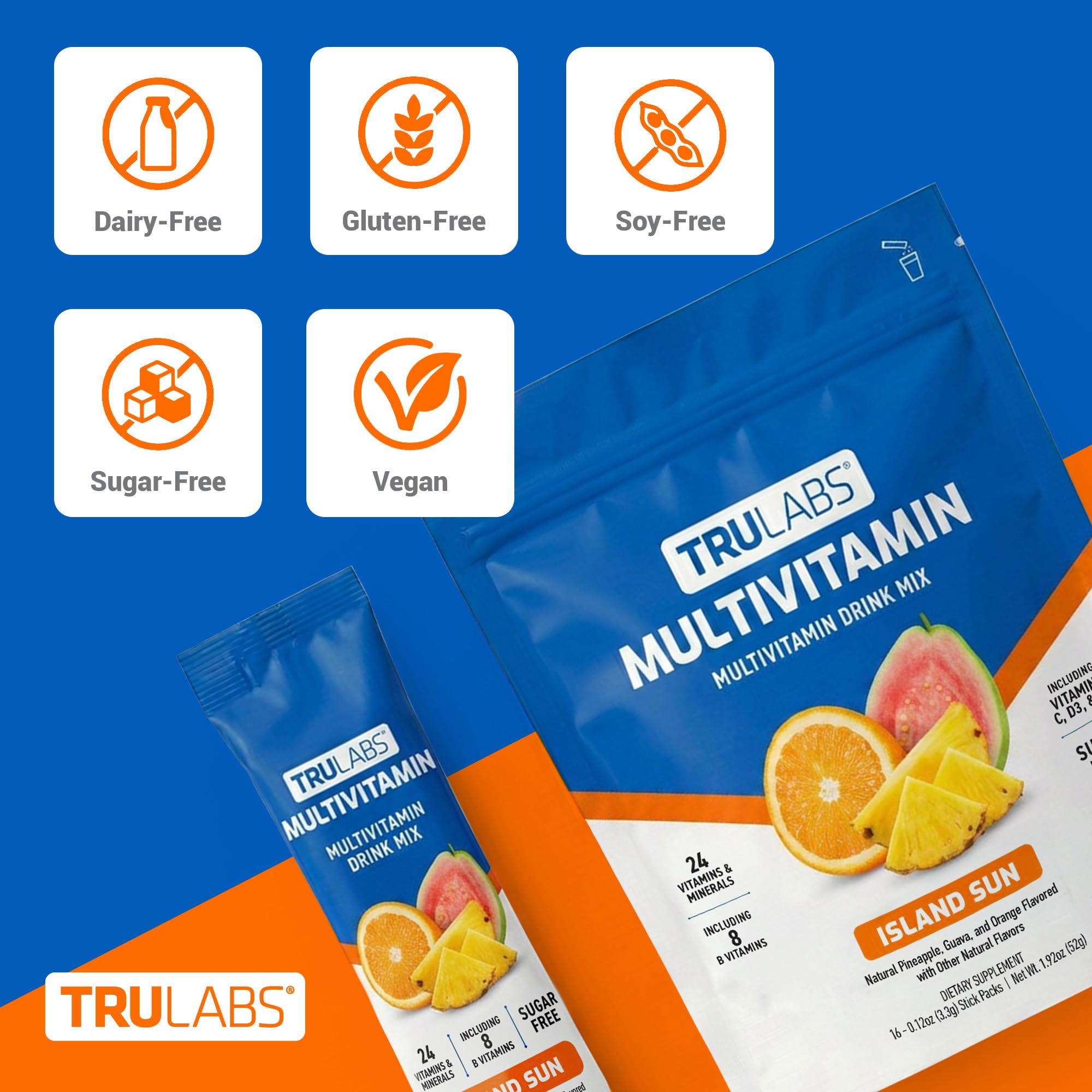 TRULABS Multivitamin Drink Mix – Island Sun Flavor with 24 Vitamins & Minerals, 8 B Vitamins, A, C, D3, E, K2, Sugar Free with Monk Fruit, Dairy Gluten Soy Free, Vegan (16 Stick Packs)