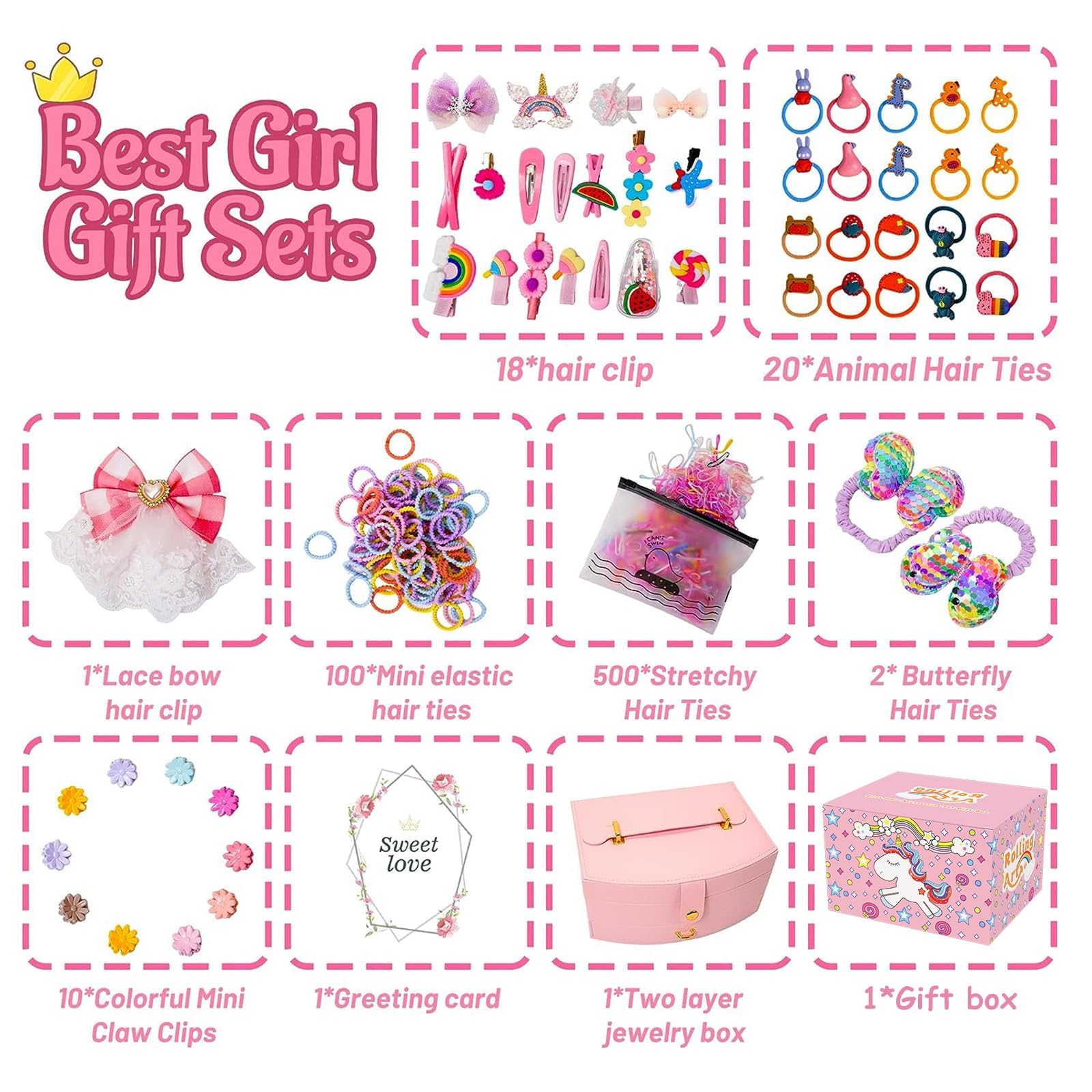 Hair Accessories for Girls Hair Clips Including Jewelry Box Hair Stuff Hair Barrettes Hair Ties Hair Bows Teen Girl Gift Toys for Girls Age 3-12