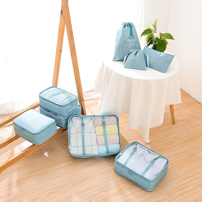 LANSKLBD 8 Set Packing Cubes for Suitcases Travel Luggage Packing Organizers,Travel Essentials Accessories Luggage Organizer with Shoe Bag Tioletry/Laundry Bag (light blue)