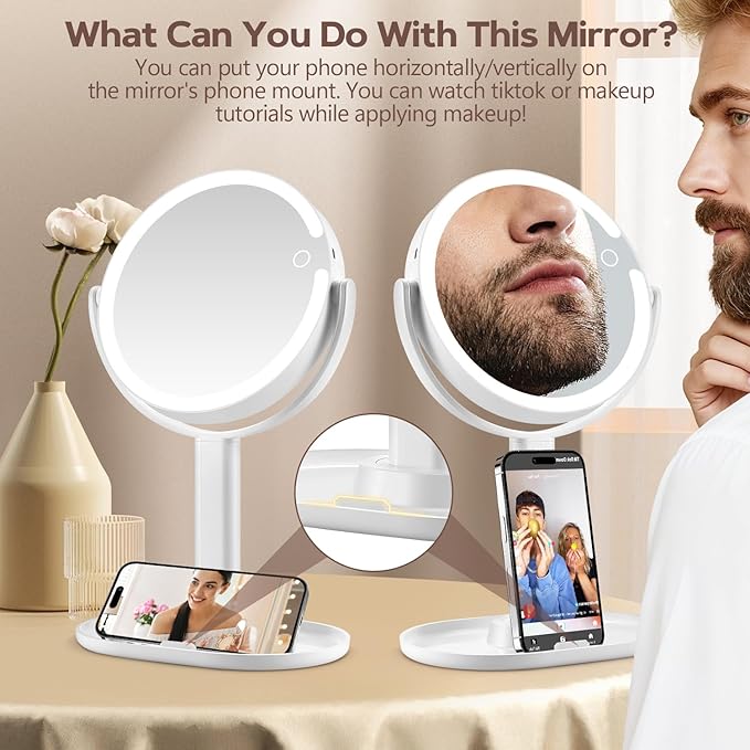 MIYADIVA Makeup Mirror with Lights, 30X Magnifying Mirror with 2-Sided Switch, Vanity Mirror with 3 Colors and Adjustable Brightness, 80 LEDs, Ideal Gift for Daily Makeup and Skincare, 8.8 Inches
