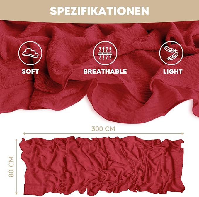 Artoid Mode Boho Gauze Red 3 Pieces Wedding Table Runner, 120 Inch Cheesecloth Christmas Fabric Kitchen Dining Holiday Table Decor for Home Party Indoor