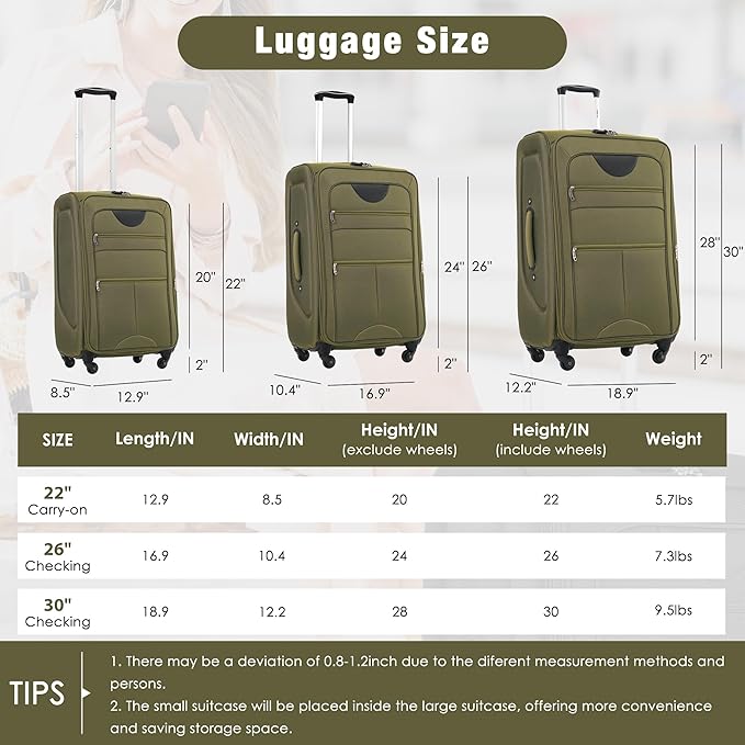 Merax Softside Luggage Set Softshell Lightweight 3 Piece Spinner Suitcase with Duffel Bag Expandable Upright Travel Luggage 22" 26" 30",Army Green