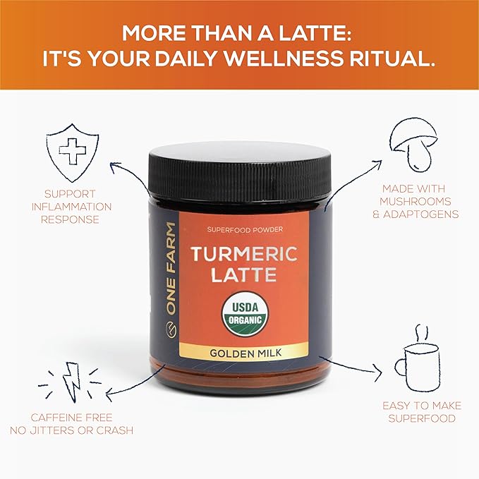 Turmeric Latte Powder - USDA Organic >5% Curcuminoid Turmeric, Lions Mane, Ashwagandha, Ginger, Cinnamon in a Resealable Glass Jar, 45 Servings - Perfect for Making Golden Milk