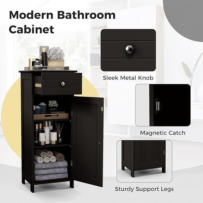LOKO Bathroom Floor Cabinet, Modern Single Door Storage Cabinet with Drawer & Adjustable Shelves, Corner Narrow Storage Organizer for Living Room, Entryway (Brown)