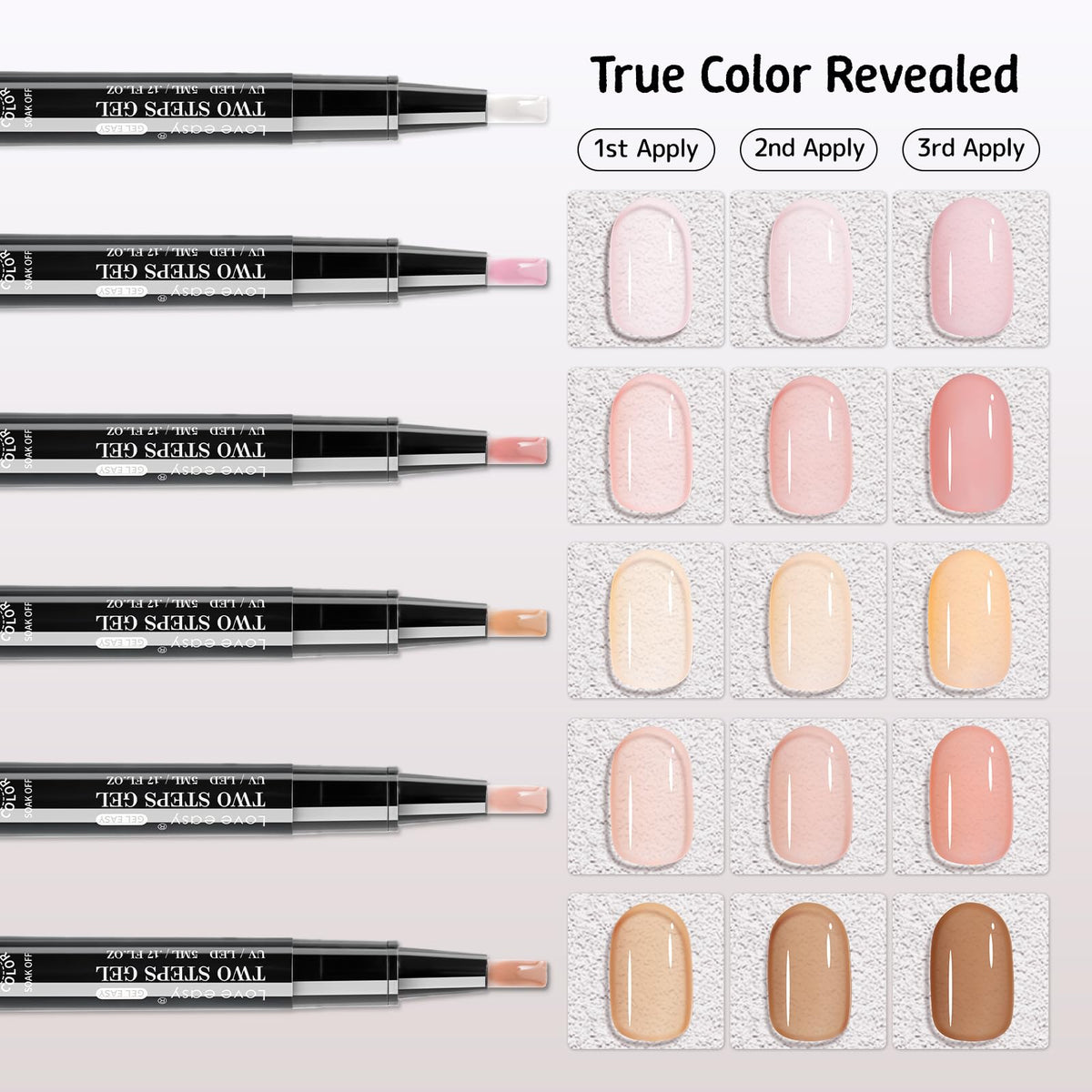 Love easy 2 Step Nail Polish Pens Set, 6 Pcs Nude Natural Color Builder Base 1 Piece Top Coat Fingernail Toenail Gel Series for Women, Hema Free High Gloss Long Last Portable Ideal Gift (U V Needed)