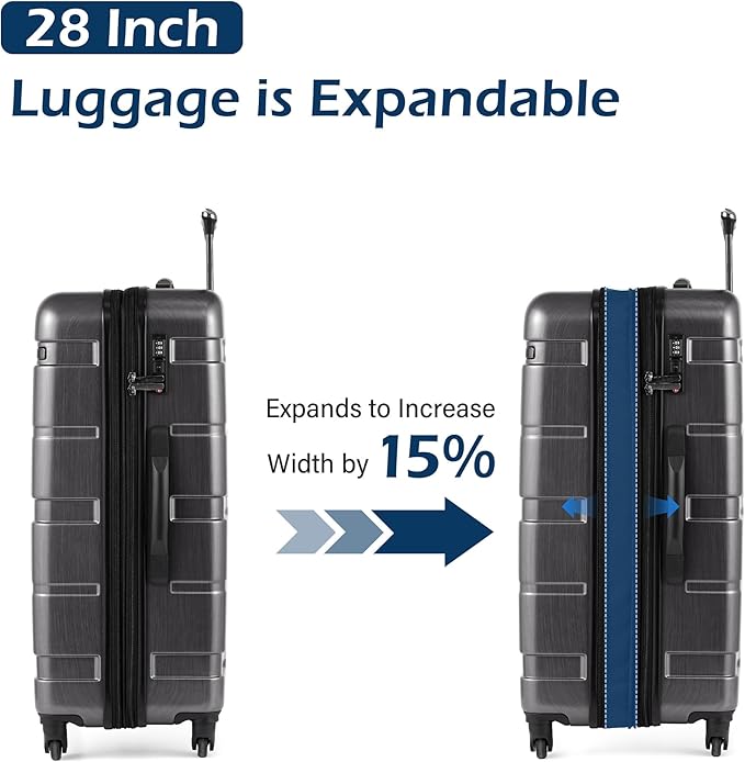 Coolife Expandable Large Checked Luggage Hardside PC+ABS Suitcase with TSA Lock, Lightweight Rolling Carry On with Spinner Wheels(Charcoal, 28in)