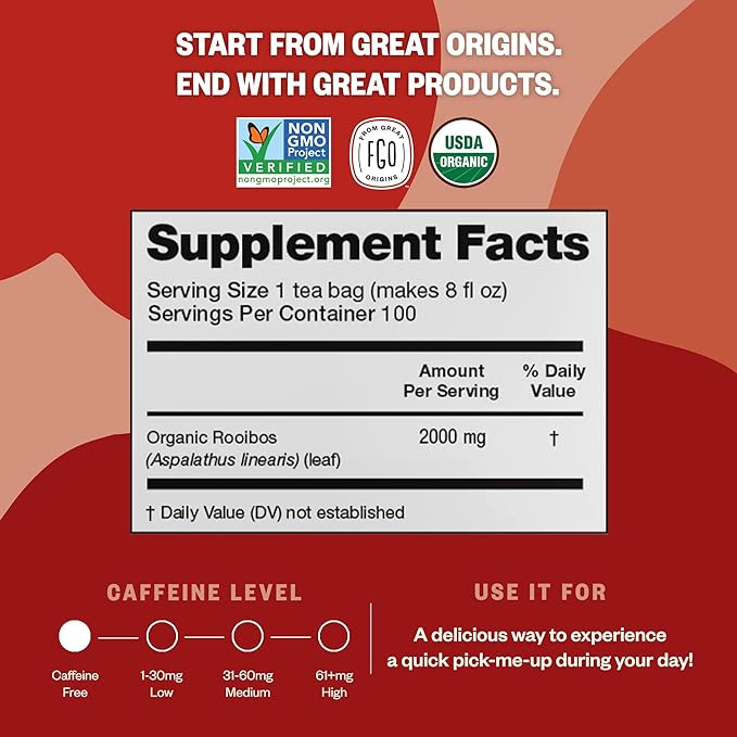 FGO Organic Rooibos Tea, 100 Count, Eco-Conscious Tea Bags, Caffeine Free, Packaging May Vary (Pack of 1)