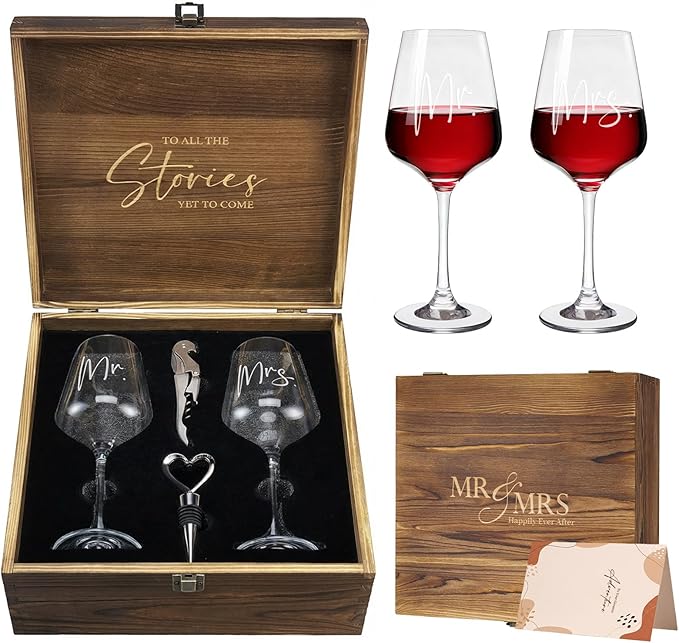 AW BRIDAL Mr and Mrs Wine Glasses Wedding Gifts for Couples 2026, Engagement Gift for Newly Engaged Couple, Bridal Shower and Bachelorette Gifts for Bride, Wine Opener Stopper and Wooden Keepsake Box
