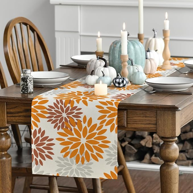 Artoid Mode Orange Dahlia Floral Pinnata Fall Table Runner, Seasonal Autumn Thanksgiving Kitchen Dining Table Decoration for Home Party Decor 13x36 Inch