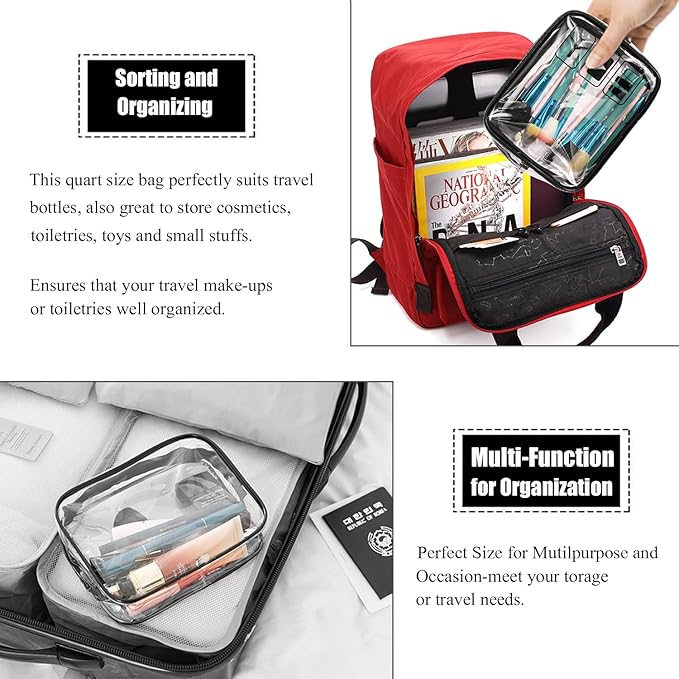 MODENGKONGJIAN TSA Approved Toiletry Bag, 3 Pcs Clear Toiletries Bags Quart Size Travel Makeup Cosmetic Bag for Women Men, Carry on Airport Airline Compliant Bag (Clear Black)