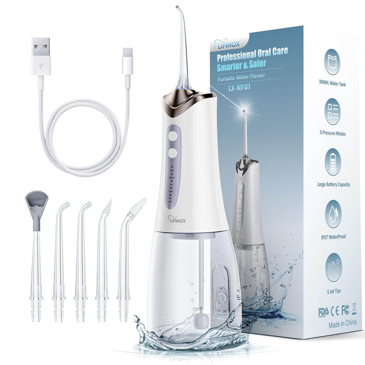 Water Flosser Cordless Portable, 300ML Detachable Oral Irrigator for Teeth Cleaning, 5 Modes Dental Water Flosser for Braces & Gum Care, USB Rechargeable Waterproof