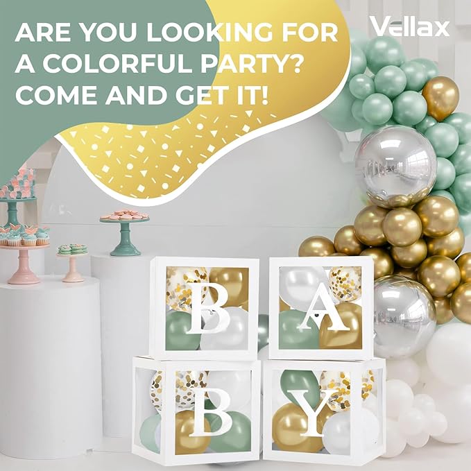 Baby Shower Boxes with Letters – White Boxes with Sage-Green, Gold, Gold Confetti, and White Balloons – 44-Piece Gender Reveal & Party Decoration Set by Vellax