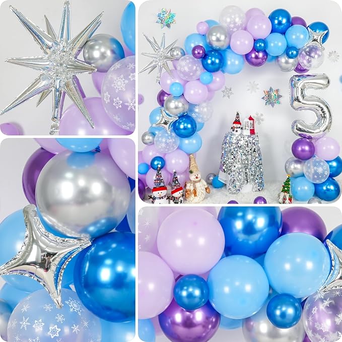 Snow 2nd Birthday Decorations Girl, Snowflake Balloon Garland Arch Kit, Laser Explosion Star Balloons, Silver Number 2 Balloon Tower for Baby Shower Girls 2nd Snow Theme Party Supplies