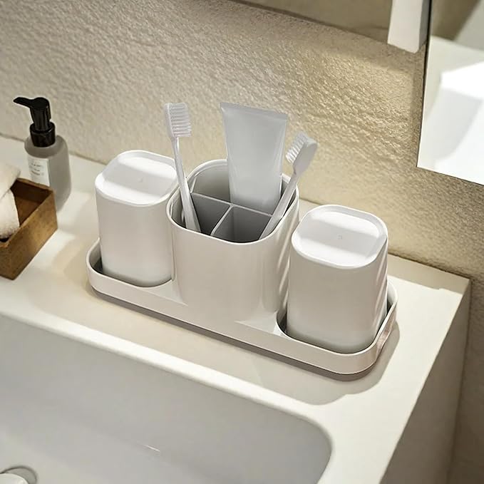 Toothbrush Holder for Bathroom, Electric Toothbrush Holder with Cups, Kids Bathroom Accessories Set with Toothpaste Holder, White