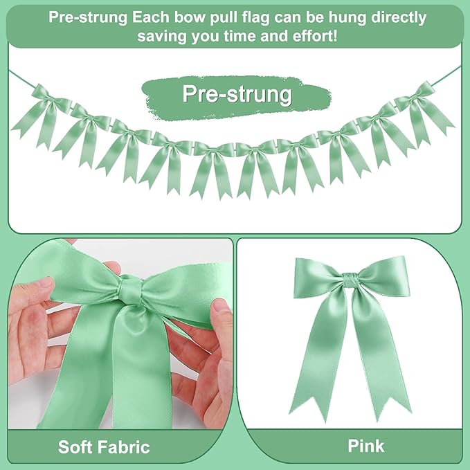 Pre-Strung Extra Large Bow Garland Decorations Jumbo Reusable Bow Banner with 12 Colors Options for Bachelorette Parties Bridal Showers Birthdays Baby Showers & Valentine’s Day (Sage Green)