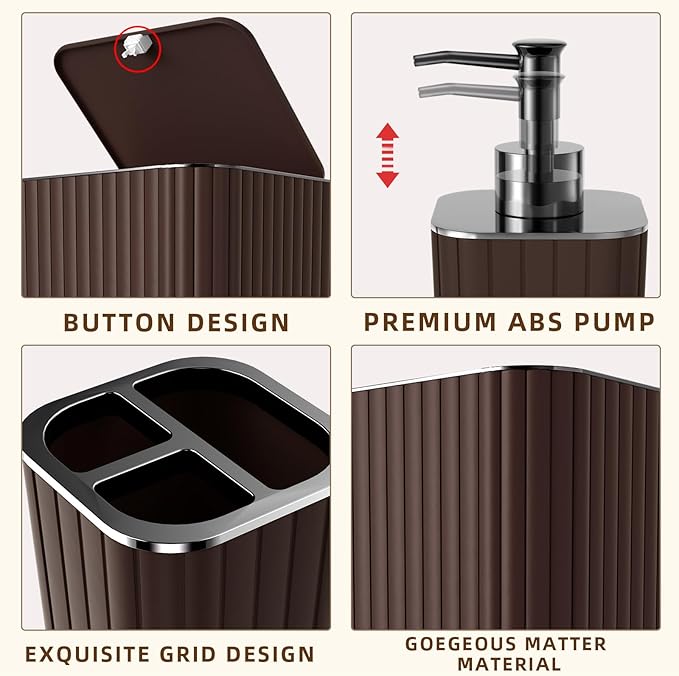 Bathroom Accessories Set - Gorgeous Bathroom Set, 10PC Brown Bathroom Accessories, Bathroom Accessory Set, Toilet Brush, Trash Can, Qtip Holder Dispenser & Soap Dispenser