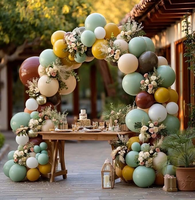 Green Brown Balloon Arch Double Stuffed Latex Sage Green White Gold Balloons Mustard Yellow White Balloon Garland For Birthday Baby Shower Safari Jungle Wooland Garden Theme Party Decor