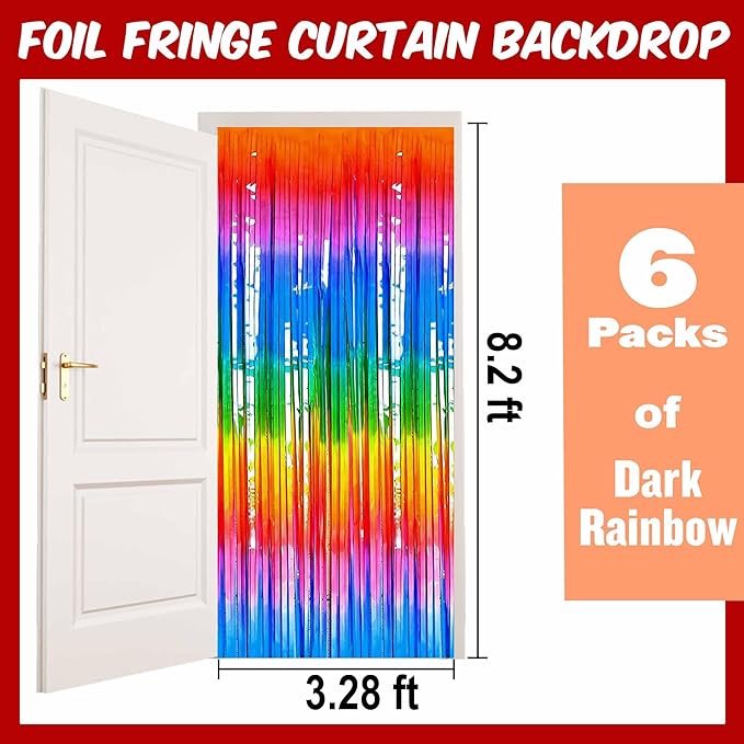 6 Pack Dark Rainbow Foil Fringe Curtains Backdrop, 3.28 x 8.2 Ft Metallic Streamers Tinsel Curtains Background for Photo Booth, Birthday, Christmas, Halloween, Thanksgiving, New Year Party Decorations