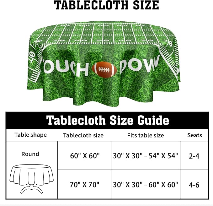 Football Round Tablecloth 70 Inch Rugby Football Pattern Circle Table Cloth Green Table Cover Washable Polyester Indoor Decorations for Home Kitchen Dinning Party