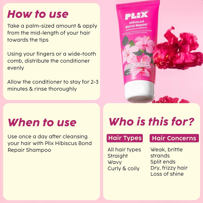 PLIX - THE PLANT FIX Hibiscus Bond Repair Advanced Conditioner | Repairs Hair Molecular Structure & Reduces Breakage with FiberHance™ & TechnoHYAL Hair Complex | 175ml